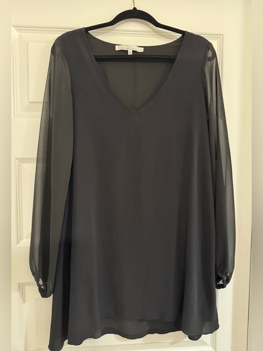 Lovers + Friends Black Sheer Long-Sleeve V-Neck Dress